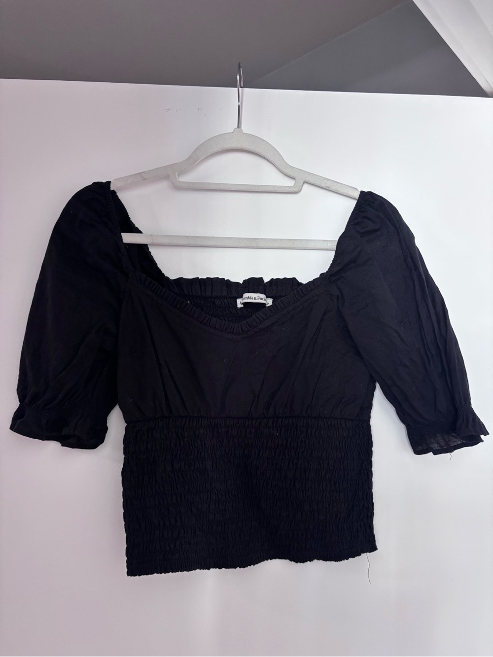 Abercrombie & Fitch Black Smocked Cotton Puff-Sleeve Cropped Blouse Top
